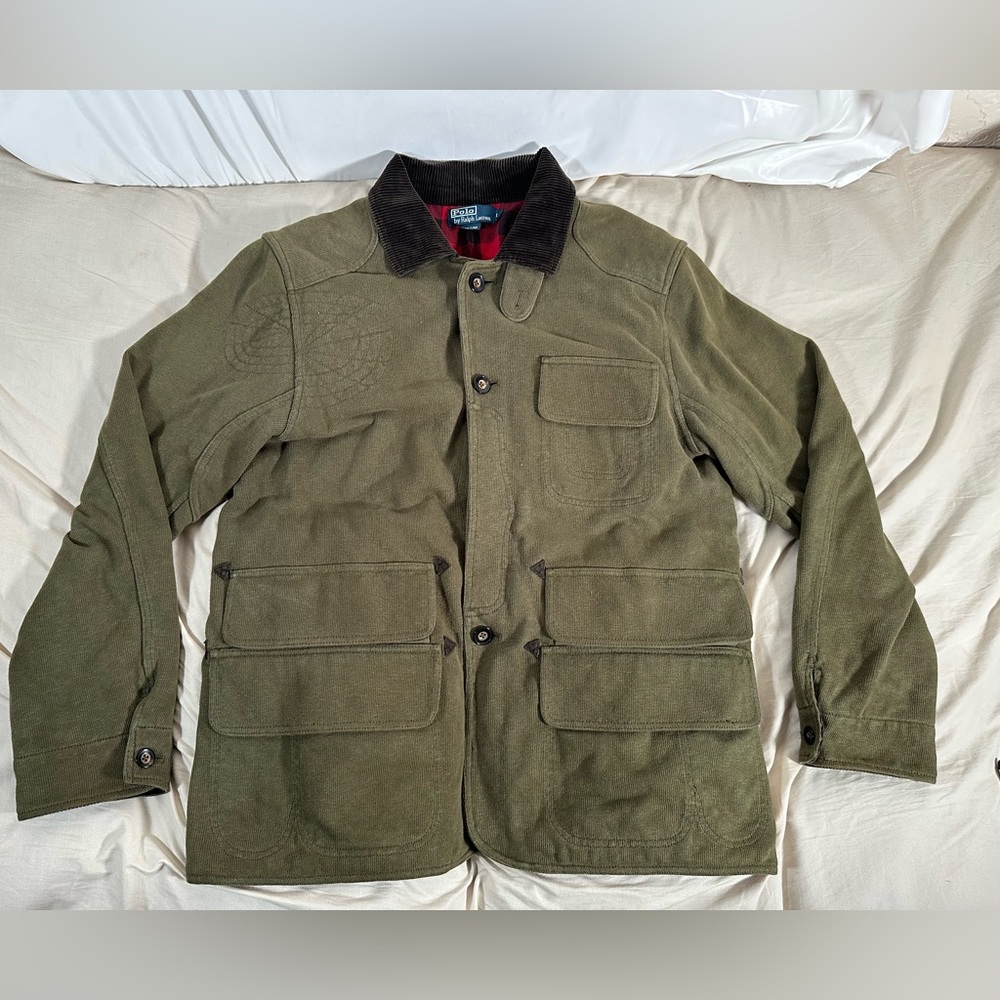 Polo Ralph Lauren Corduroy Olive Green Military Field Jacket Flannel Lined Large